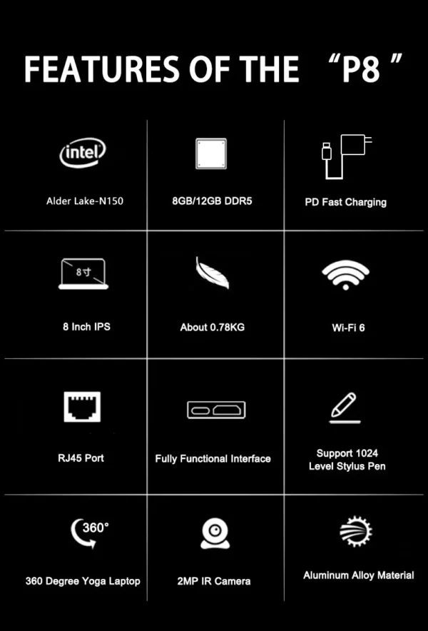 CRELANDER P8 8 Inch Mini Laptop Touchscreen Rotating 360 Degree Intel Alder N150 12GB WiFi6 Notebook Tablet PC Protable Laptops