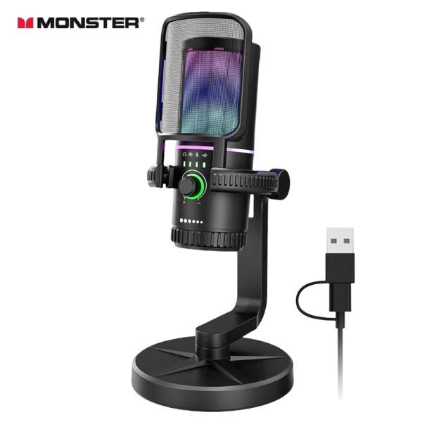 Monster Gaming USB Microphone 192KHz/24Bit Cardioid Condenser Mic with Touch Mute for PC PS4 PS5 Game Chat Podcasts Live Stream
