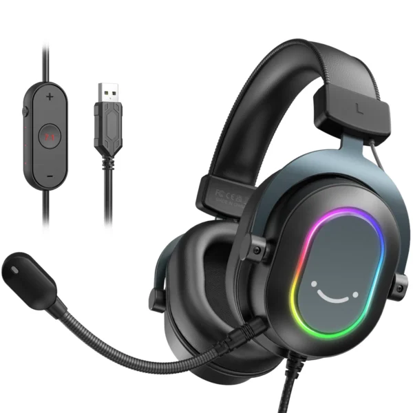 Fifine Dynamic RGB Gaming Headset with Mic Over-Ear Headphones 7.1 Surround Sound PC PS4 PS5 3 EQ Options Game Movie Music - H6