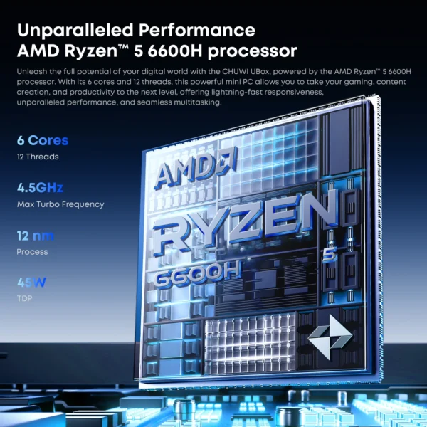 CHUWI UBox Mini PC AMD Ryzen 5 6600H 16GB DDR5 512GB SSD Windows 11 Pro 4K 240Hz Decording WiFi 6 BT 5.3 Extend M.2 1T*2  650g