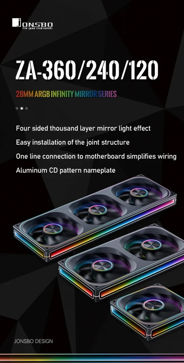 JONSBO ZA-120/240/360 ARGB 12/24/36CM chassis fan Motherboard lighting synchronization/Aluminum Nameplate/PWM Case fans