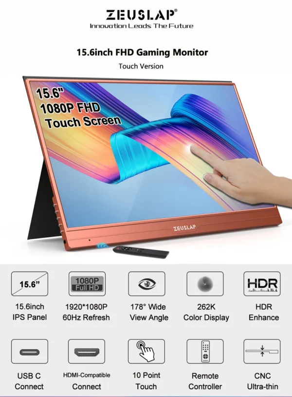 ZEUSLAP 15.6inch touching utrathin portable monitor remote control for phone, laptop, nintendo switch,steamdeck second screen