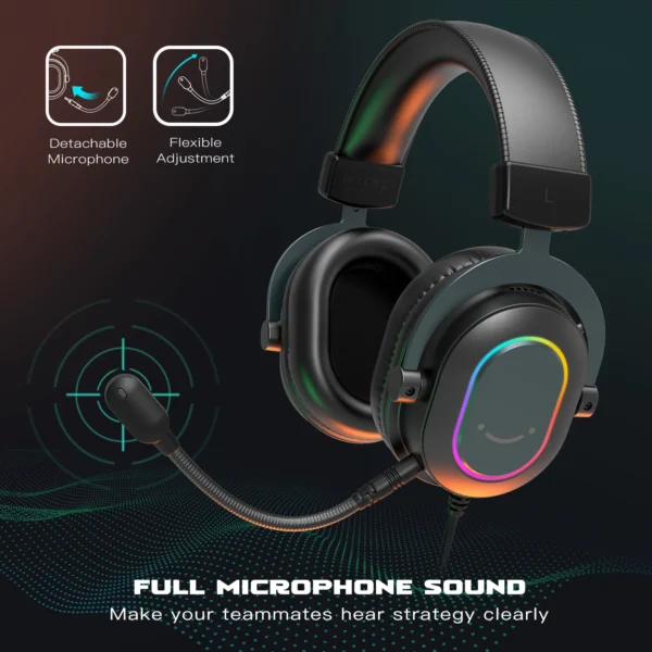 FIFINE USB Gaming Headset with 7.1 Surround Sound/Line Control/3EQ Mode,RGB Headphone with Mic,Plug and Play,for PC/PS5 -H6