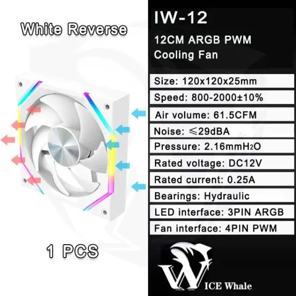 ICE Whale IW-12 Computer PC Case Fan 120mm ARGB 4Pin PWM Cooling Fan Motherboard Sync 61.5CFM/2000RPM CPU Cooler Ventilator