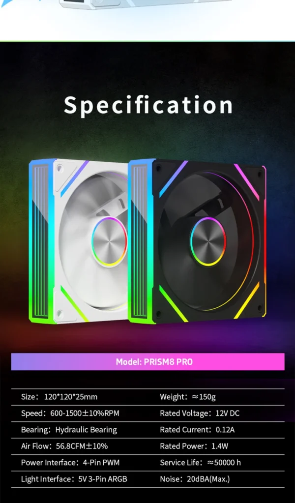 Power Train PRISM 8 PRO Computer Case Fan 120mm ARGB 4Pin PWM Quiet CPU Cooling Fan 12V Large Air Volume 56.8CFM/600-1500RPM