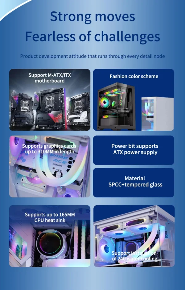 LED PC Gaming Case with Micro Support Audio Front Ports  Fan and Water Cooling for Desktop CPU Cabinet