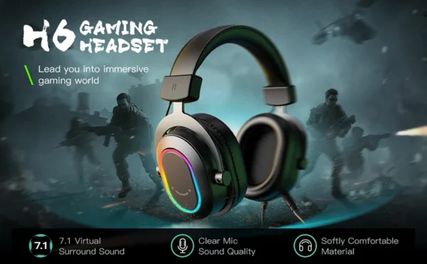 Fifine Dynamic RGB Gaming Headset with Mic Over-Ear Headphones 7.1 Surround Sound PC PS4 PS5 3 EQ Options Game Movie Music - H6