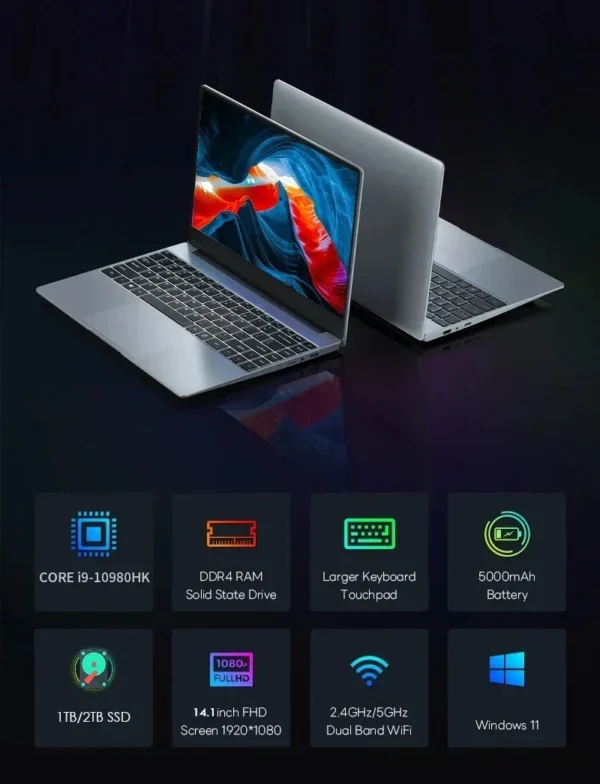 ACEKAMAS 14.1" intel Core i9-10980HK laptop 16GB RAM 1/2TB SSD Portable laptops Windows 11 Pro Office Gaming Notebook computer