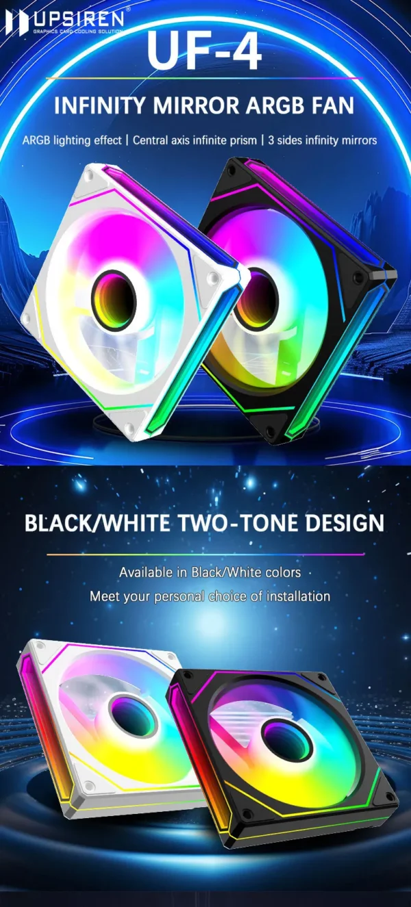 UPSIREN UF-4 12CM Computer Chassis Fan,Infinite Prism ARGB Fan/3 Mirror Surfaces/4 Pin PWM/3PIN ARGB Quiet Cooling Fan