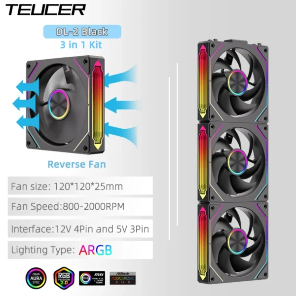 TEUCER DL-2 ARGB PC Fan 3-in-1 Case Fan Compatible with 240 360 Water Cooling Radiator Wireless Cooling Fan Kit