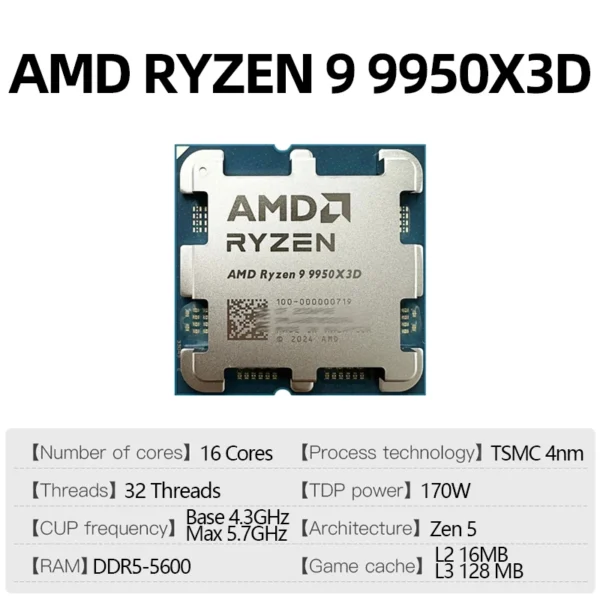 AMD Ryzen 9 9950X3D Game CPU R9 9950X3D Up to 5.7GHz 16-Core 32-Thread Socket AM5 128MB Cache Gaming Processor without Package
