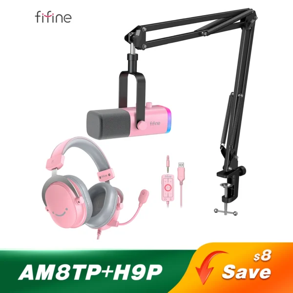 FIFINE Gaming Streaming Headset and Microphone Kit with Gain Knob/RGB/Monitor,for PC/MAC/PS4/PS5/Mixer/YouTube/Steam-AM8TP/H9P