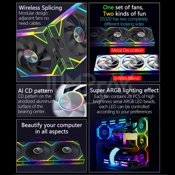 JUMPEAK DS120 Face-Changing ARGB Cooling Fan 360mm 240mm Modular Stackable Splicing 120mm RGB Fans For Gaming PC Case CPU Cooler