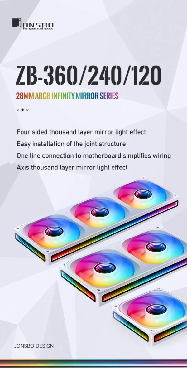 JONSBO ZB-120/240/360 PC Case Fan 120mm 5V ARGB Conjoined Structure Cold Exhaust Fan Kits Forward/Reverse