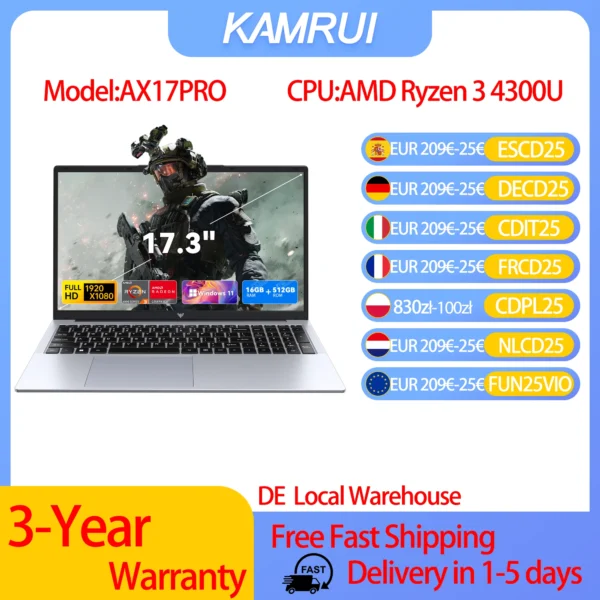 KAMRUI 17.3 AMD Ryzen 3 4300U Laptop 16GB DDR4 RAM 512GB SSD Lightweight Business Laptop Windows 11 Pro Ordenadores Portátiles