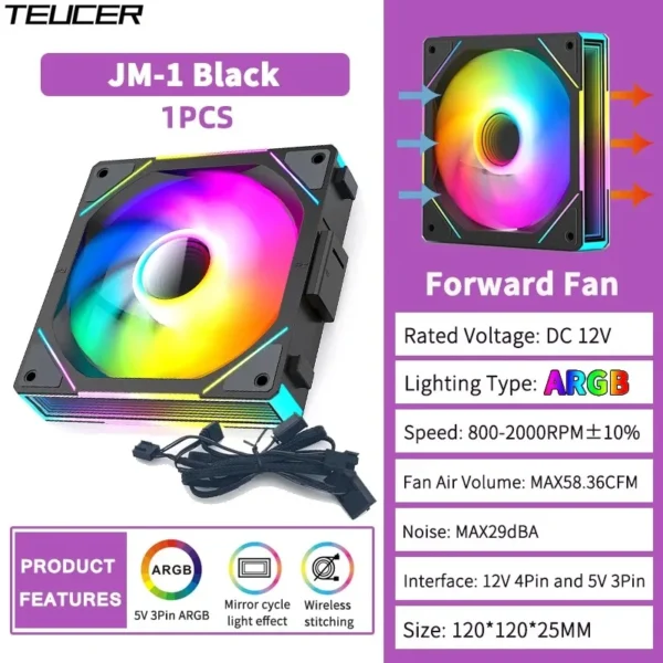 TEUCER JM-1 PC Case Fan 120mm ARGB Mirror Cycle Light Effect Cooling Fan 4PIN PWM Low noise Chassis Water Cooling Ventilador