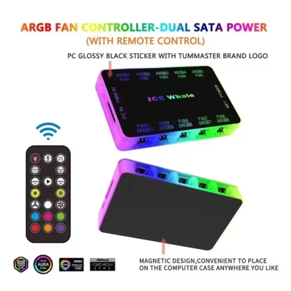 ICE Whale C10 1 to 10 PWM&ARGB Case Fan Hub SATA Power Interface Splitter 4Pin PWM 3Pin Addressable ARGB With Remote control