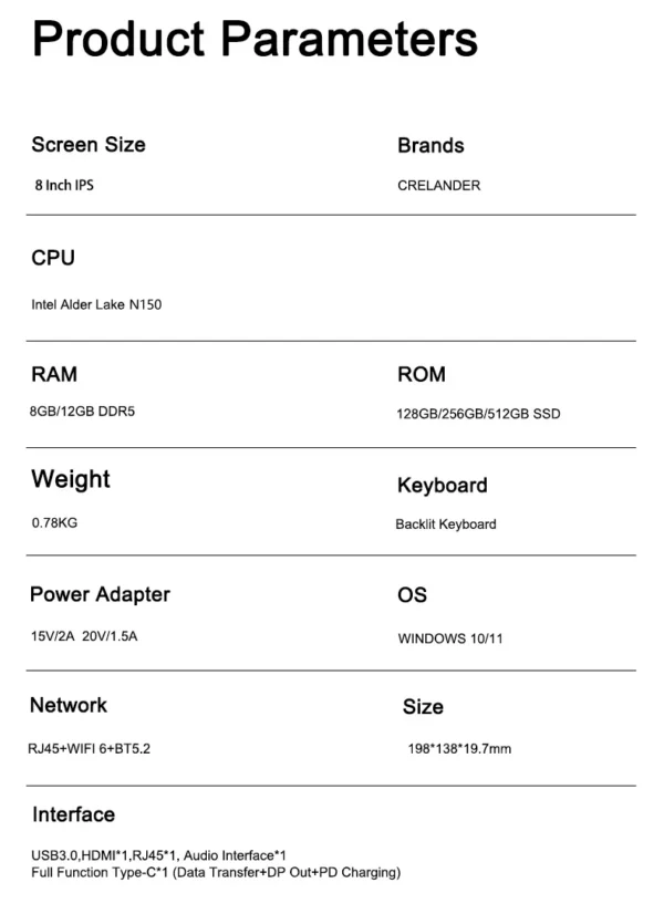 CRELANDER P8 8 Inch Mini Laptop Touchscreen Rotating 360 Degree Intel Alder N150 12GB WiFi6 Notebook Tablet PC Protable Laptops