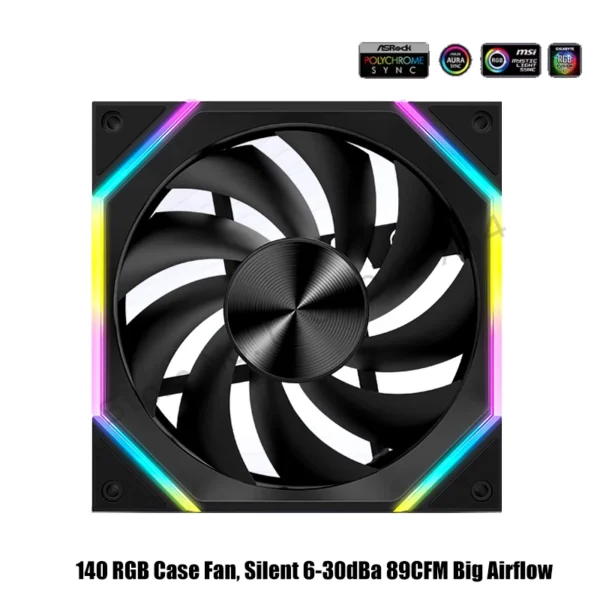 140 Case Fan ARGB, Silent 6-30dBa 89CFM Big Airflow, 14CM PC Cabinet 14025 Cooler Support Mobo 5V ARGB SYNC, Reverse Or Forward