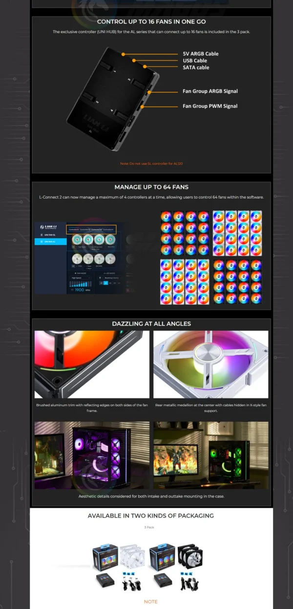 Lian Li UNI Fan AL120 ARGB Cableless Fan Support L-Connect 3 PWM Silent Low Noise High RPM MB SYNC/Controller, V1 Triple Pack
