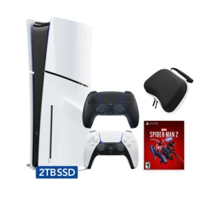 PS5 Slim Disc 2TB SSD Marvel's Spider-Man 2 Bundle, Two Controllers White and Midnight Black DualSense, Protective Case Included