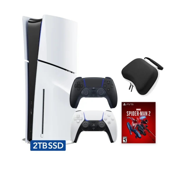 PS5 Slim Disc 2TB SSD Marvel's Spider-Man 2 Bundle, Two Controllers White and Midnight Black DualSense, Protective Case Included