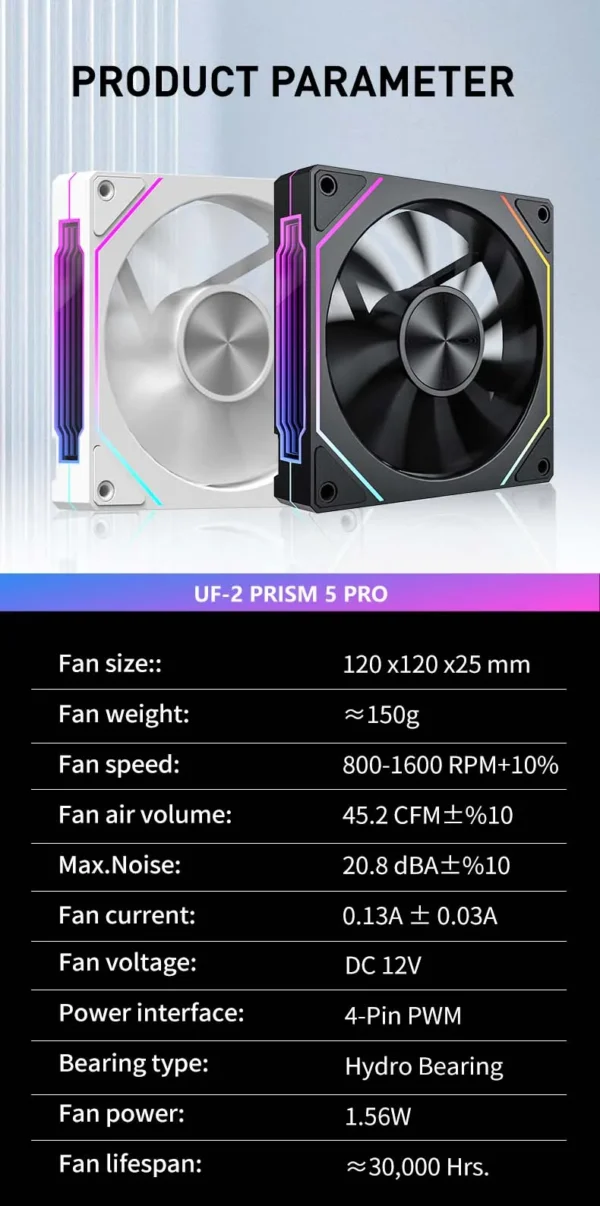 UPSIREN UF-2 PRISM 5 PRO 12CM ARGB Large Air Volume Computer Chassis Fan Regular version/Reversed version Dual mode selection