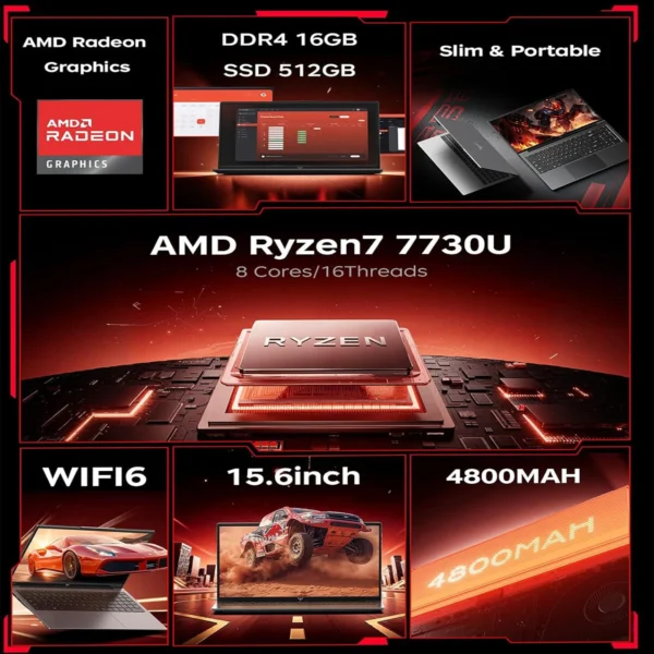 KAMRUI Gaming Laptop 15.6inch Laptop with AMD Ryzen 7 7730U 16GB 512GB Windows 11 High Performance Laptop ComputerRadeon WiFi 6