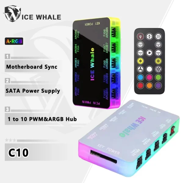 ICE Whale C10 1 to 10 PWM&ARGB Case Fan Hub SATA Power Interface Splitter 4Pin PWM 3Pin Addressable ARGB With Remote control
