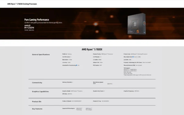 AMD New Ryzen 5 7600X CPU R5 7600X 4.7 GHz 6-Core 12-Thread 5NM L3=32M 100-000000593 Socket AM5 Sealed Without cooler